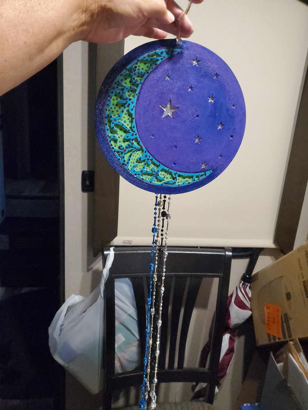 Handmade Purple & Teal Crescent Moon Wall Hanging - Decorative Wind Chime